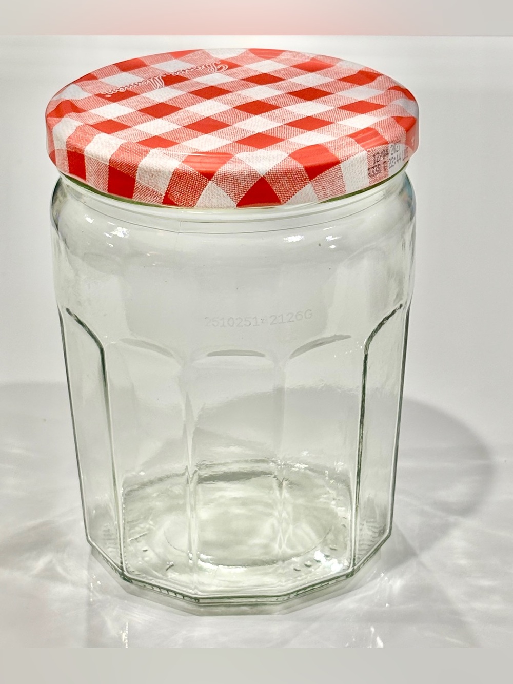 Durable Faceted Glass Jar with Red & White Gingham Metal Screw-on Lid - 5”x3.5”